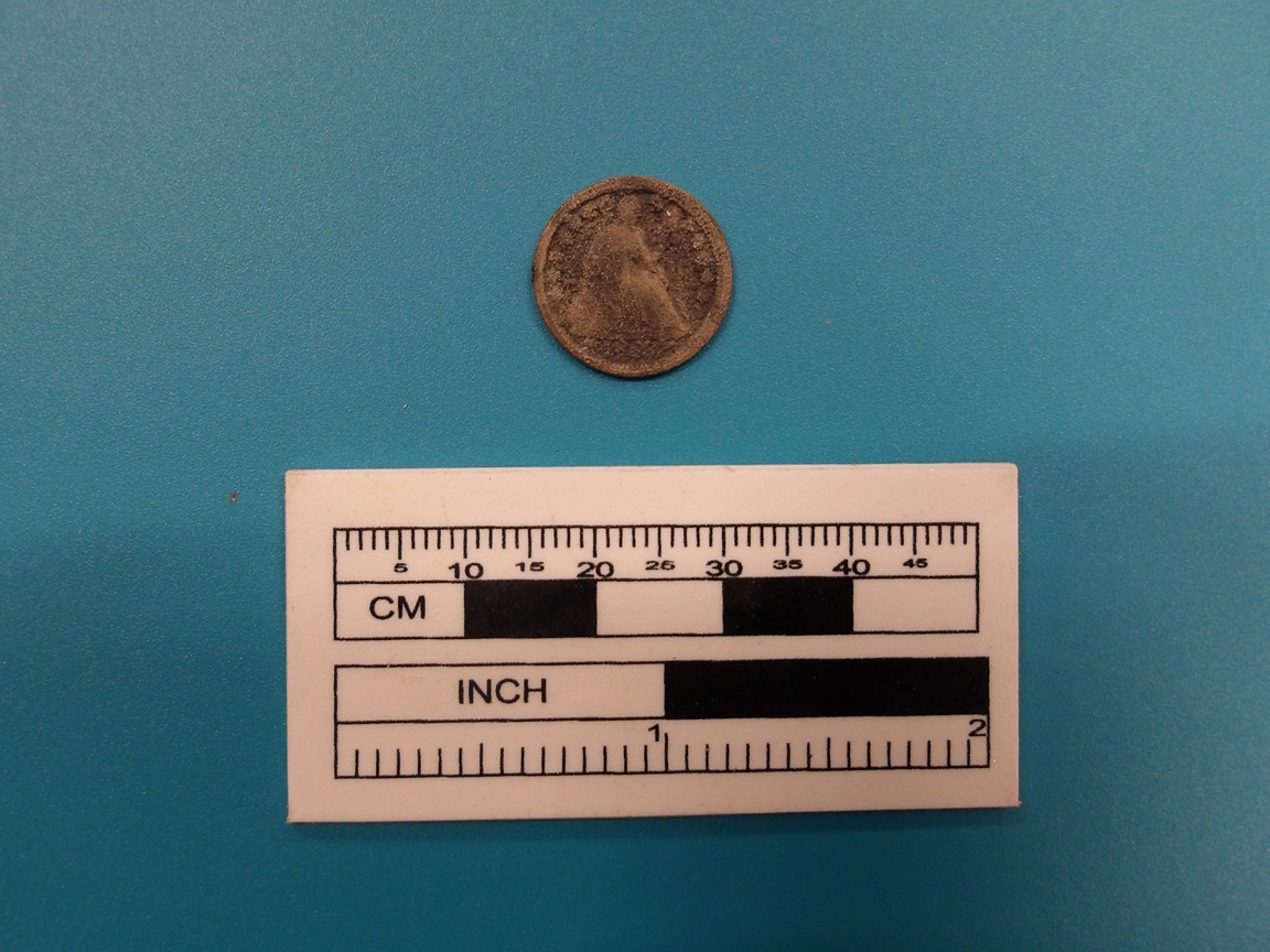 Half dime from 1853 on a blue background next to a ruler for size