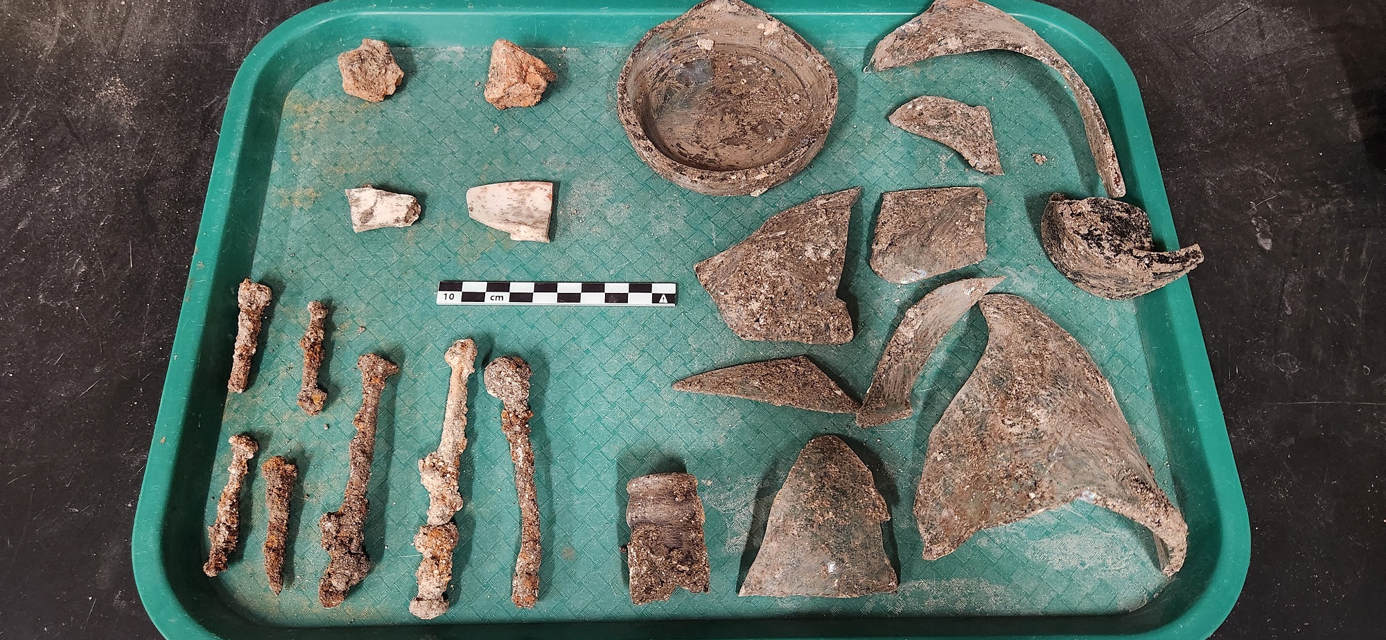 Artifacts recovered from excavation unit on a green tray with a ruler in the middle to show size