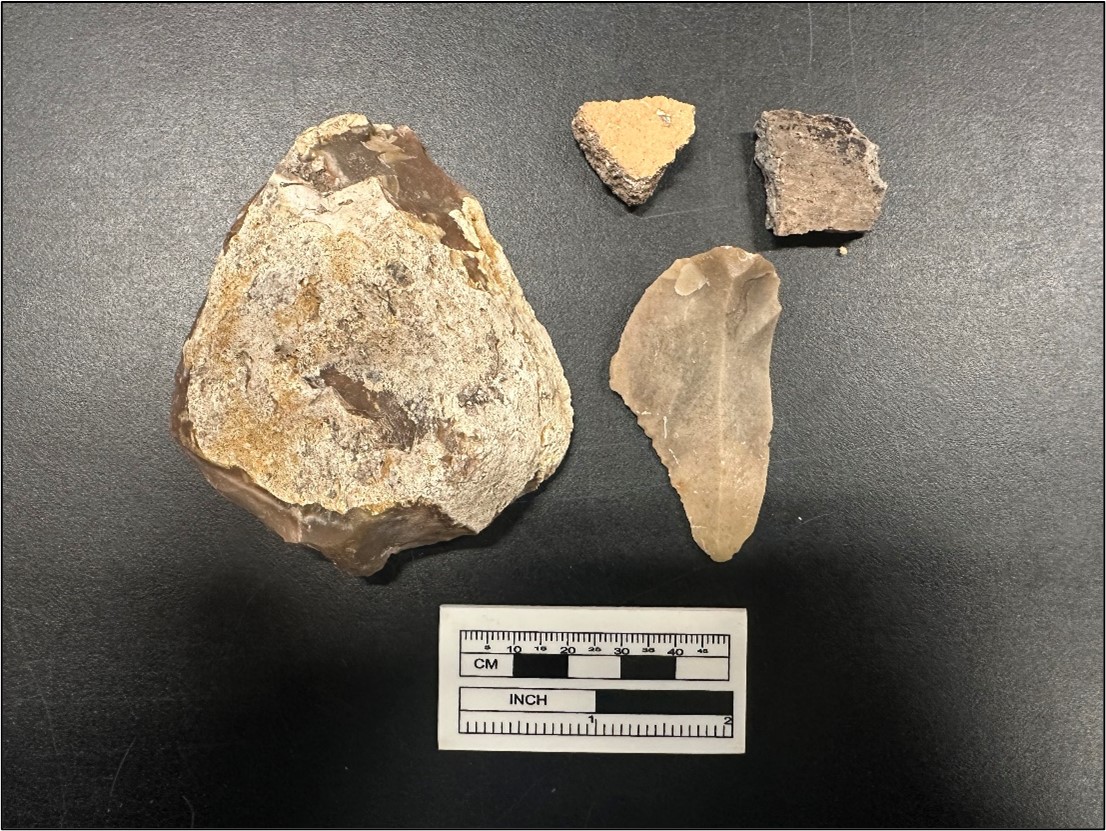 Tool, flake, and ceramic artifact from an excavation unit next to a ruler for size