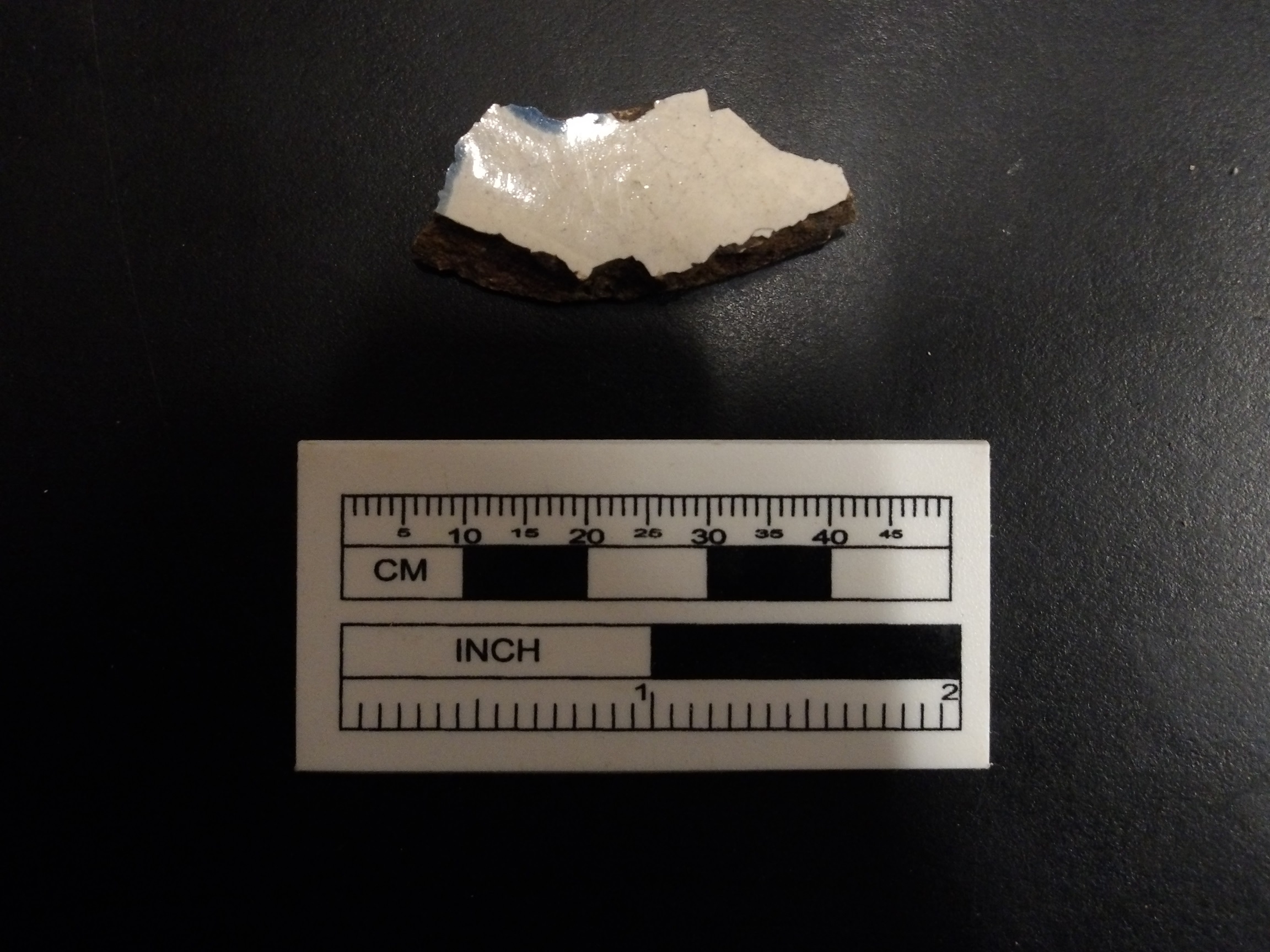 White sherd with blue marking next to a ruler for size