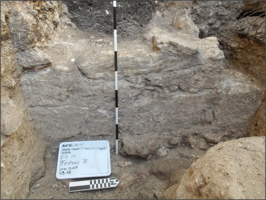 Black and white measuring stick across limestone wall inside an excavation unit