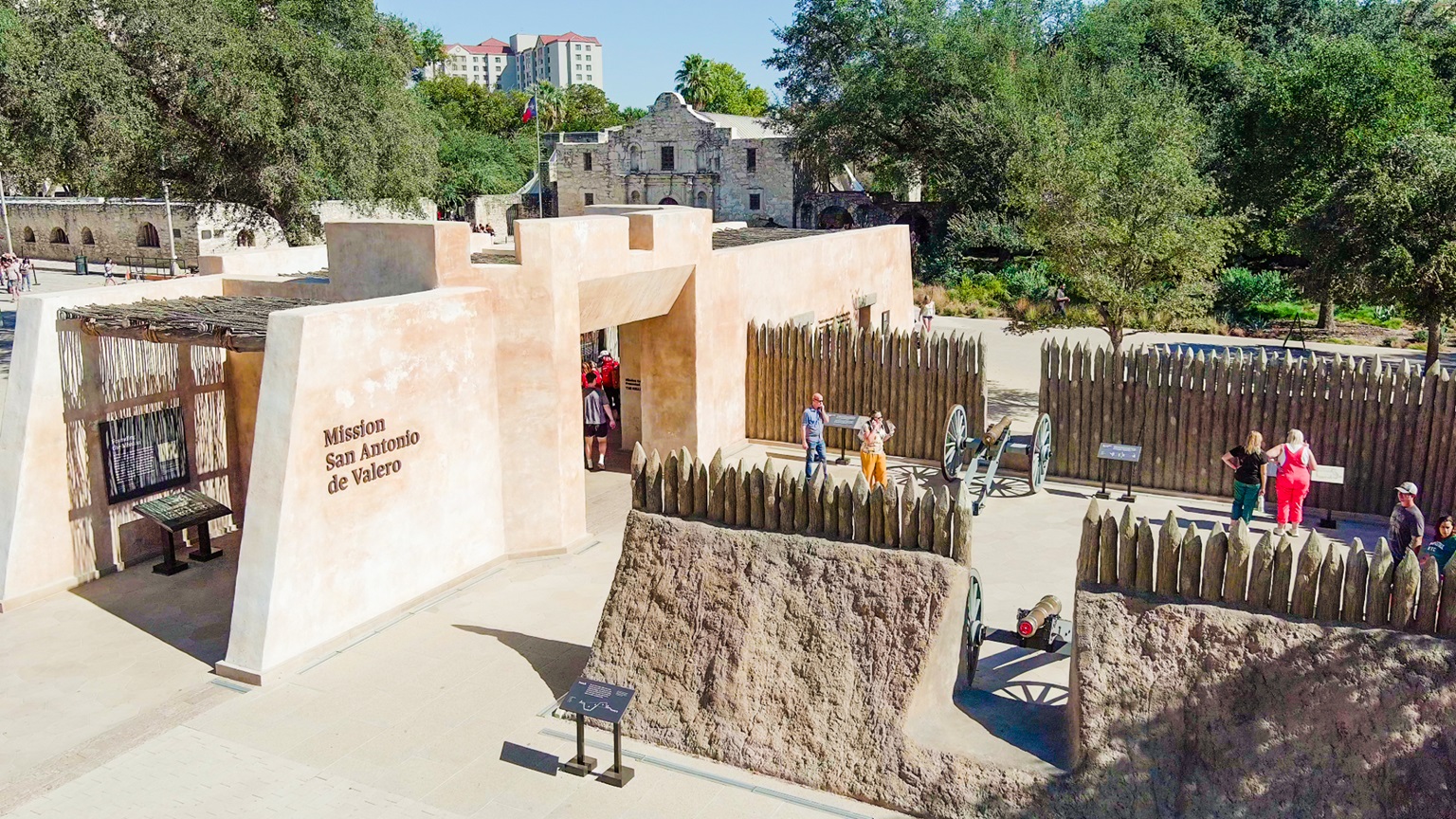 Aerial view of Mission Gate and Lunette to the side of Alamo Church