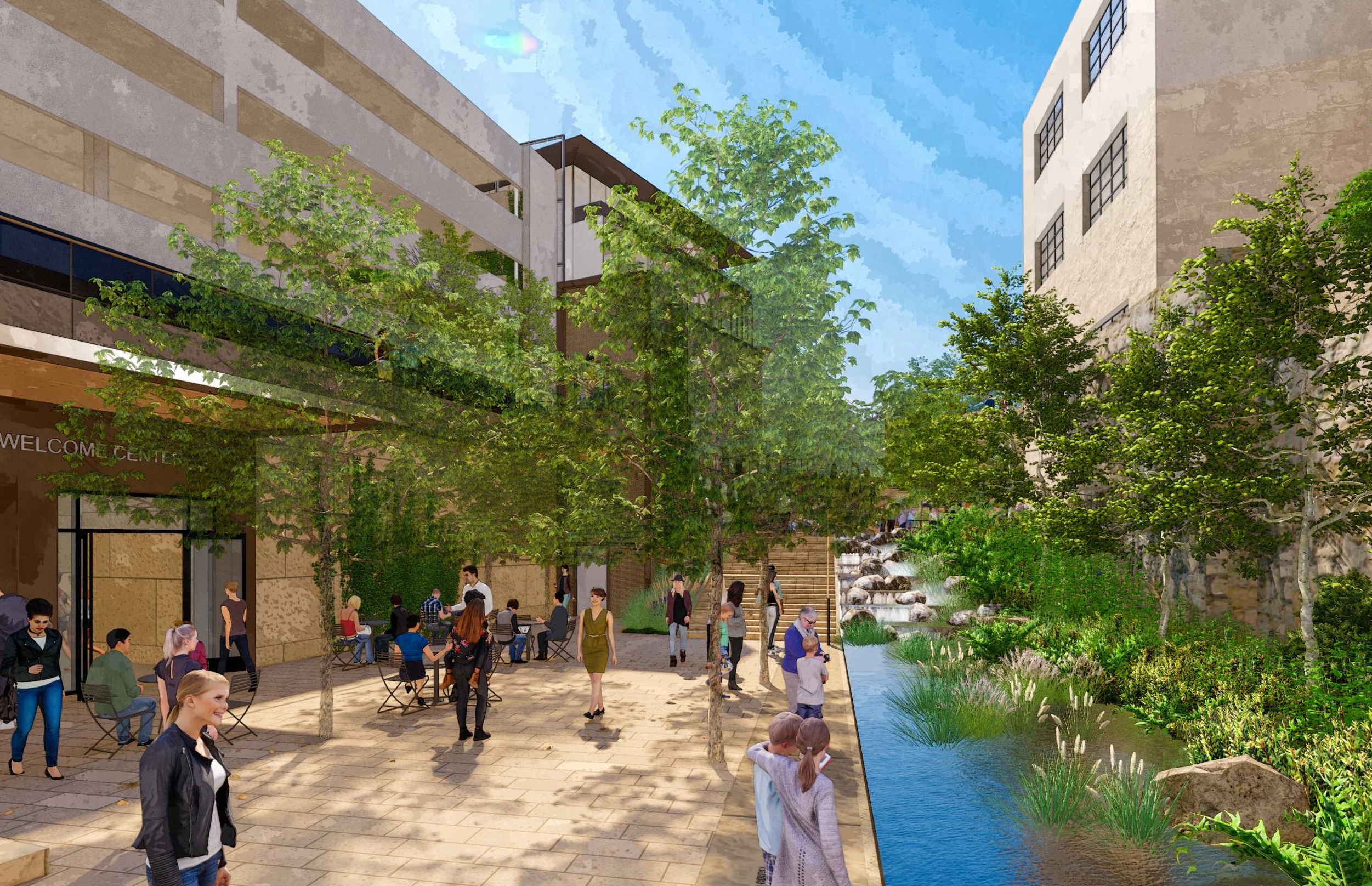 Rendering of pathway with stairs connecting the Alamo to the Riverwalk next to a water feature
